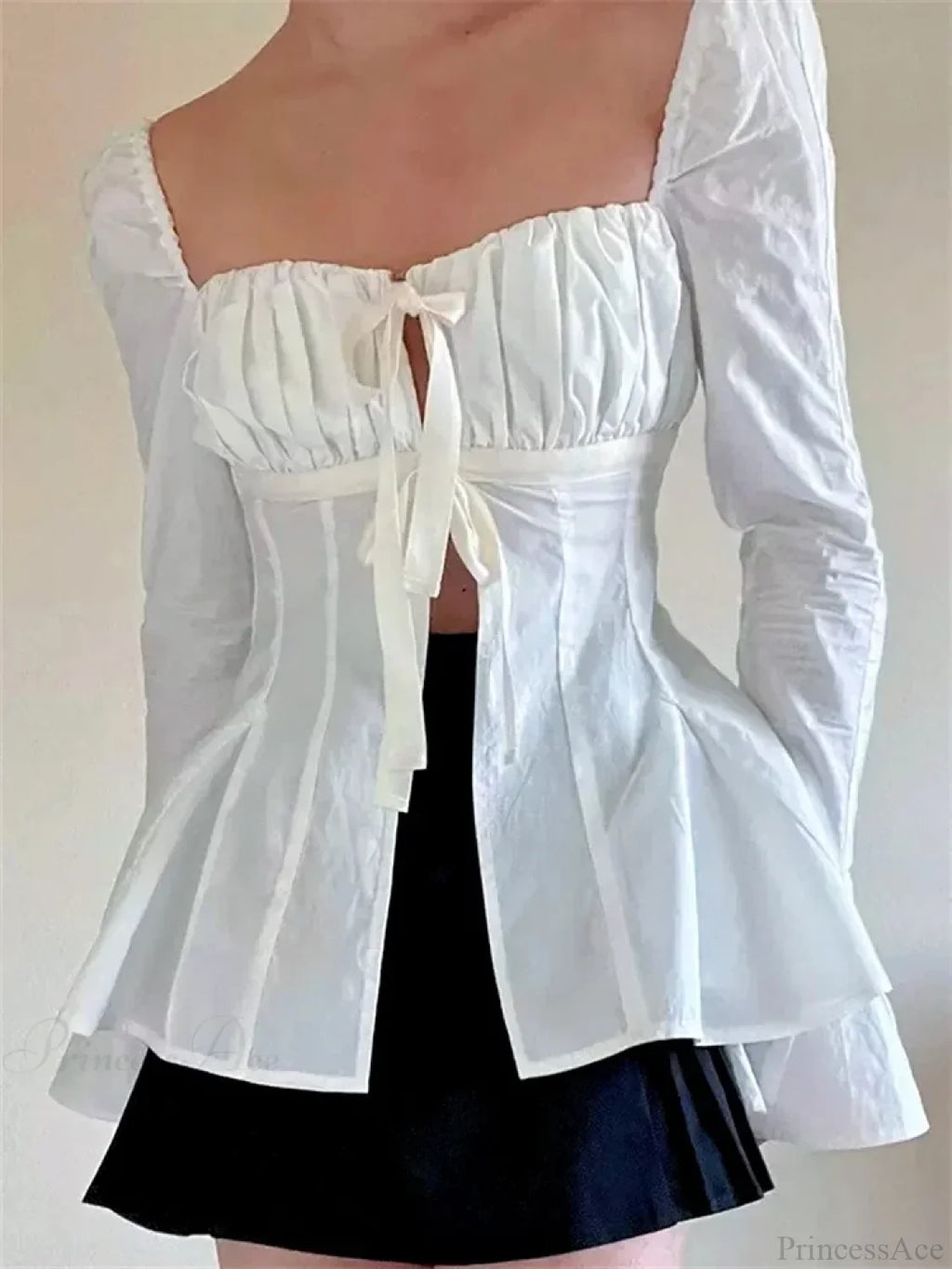 Vintage Puff Sleeve Tie-Up Square Neck Blouse