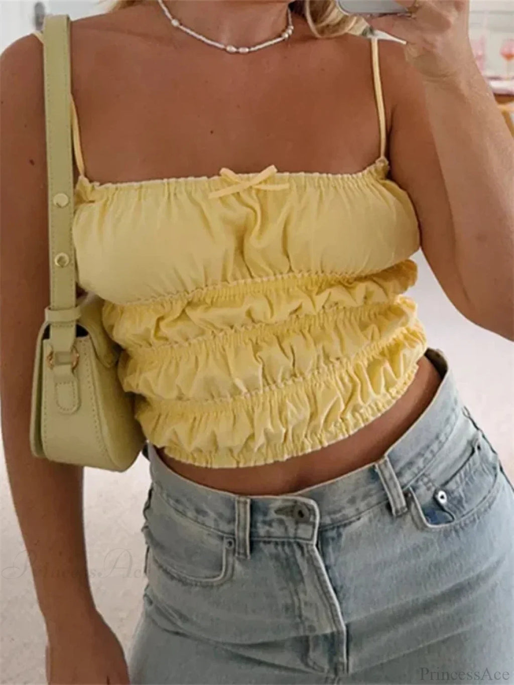 Vintage Ruched Solid Bow Slim Crop Top