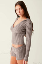 Vintage Knit Hooded Long Sleeve Cropped Two Piece Set