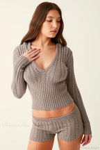 Vintage Knit Hooded Long Sleeve Cropped Two Piece Set