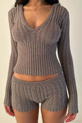 Vintage Knit Hooded Long Sleeve Cropped Two Piece Set