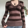 Vintage Striped T-Shirt V-Neck Long Sleeve Knit Top Women