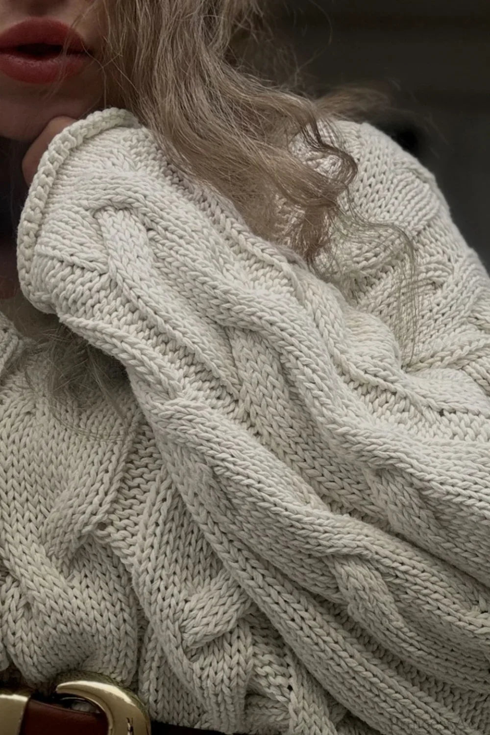 Vintage V-Neck Loose Mid-Length Cable Knit Long Sleeve Sweater