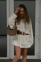 Vintage V-Neck Loose Mid-Length Cable Knit Long Sleeve Sweater