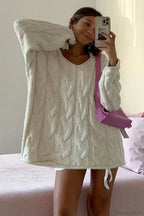 Vintage V-Neck Loose Mid-Length Cable Knit Long Sleeve Sweater