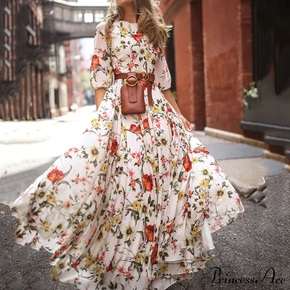 Vintage Warm-Season Printing Gown Flowered Long Elegant Three Party Quarter O-Neck Arm Streetwear