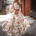 Vintage Warm-Season Printing Gown Flowered Long Elegant Three Party Quarter O-Neck Arm Streetwear