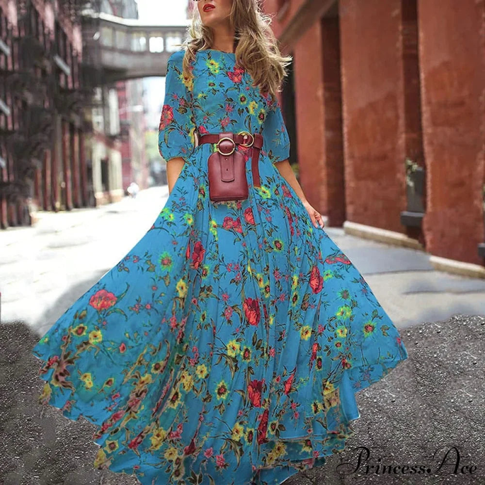 Vintage Warm-Season Printing Gown Flowered Long Elegant Three Party Quarter O-Neck Arm Streetwear