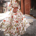 Vintage Warm-Season Printing Gown Flowered Long Elegant Three Party Quarter O-Neck Arm Streetwear
