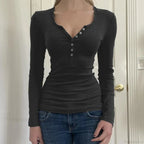 Vintage Y2K Basic Crop Top Grunge Button Slim Fit Knit