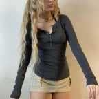 Vintage Y2K Basic Crop Top Grunge Button Slim Fit Knit