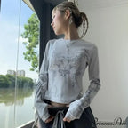 Vintage Y2K Gothic Long Sleeve O-Neck Stylish Elegant Trendy Classic Casual Crop Top