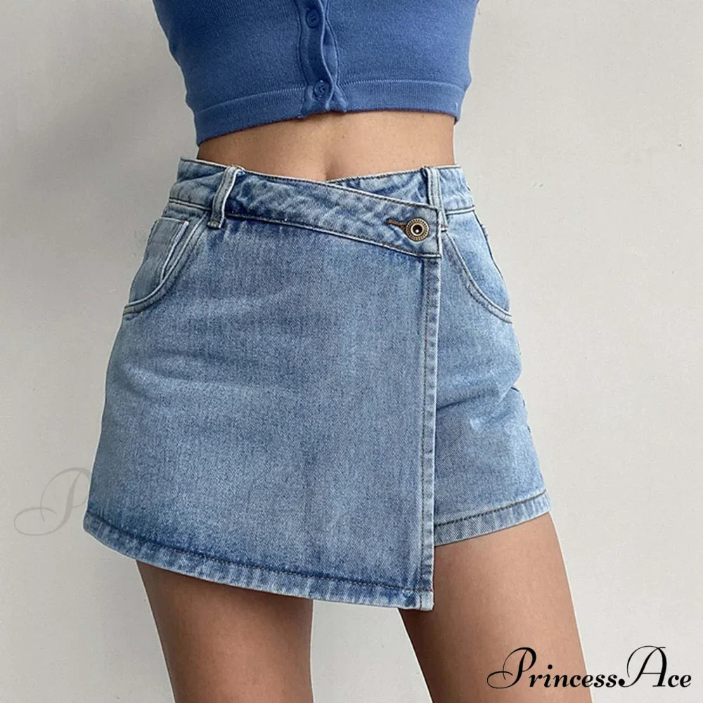 Waist A Line Denim With Light Wash Two Piece Design Slimming Short
