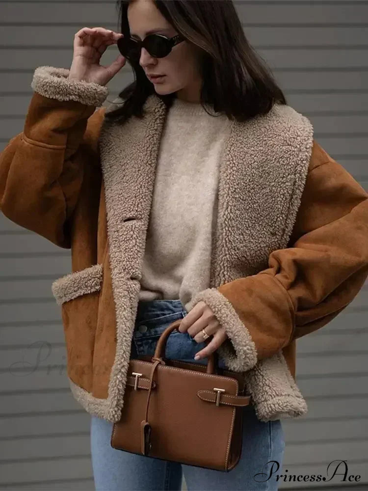 Warm Lamb Wool Casual Lapel Single-Breasted Thickened Pocket Winter Stylish Coat