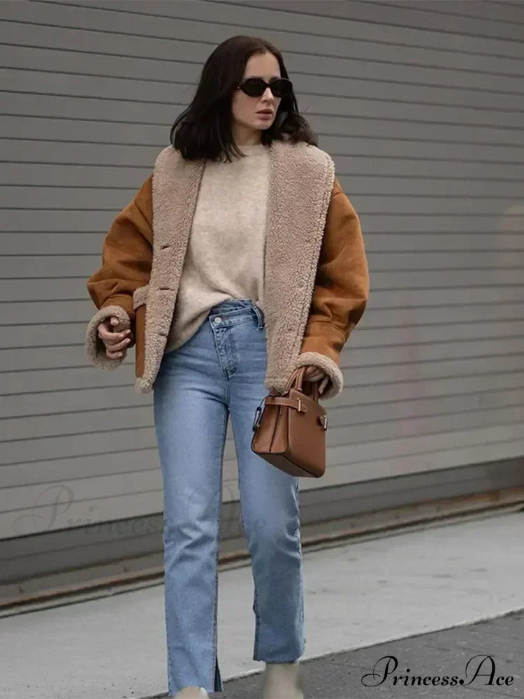 Warm Lamb Wool Casual Lapel Single-Breasted Thickened Pocket Winter Stylish Coat