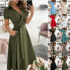 Warm-Season Retro Short-Sleeved V-Neck Gown Party Spring Patterned Belt