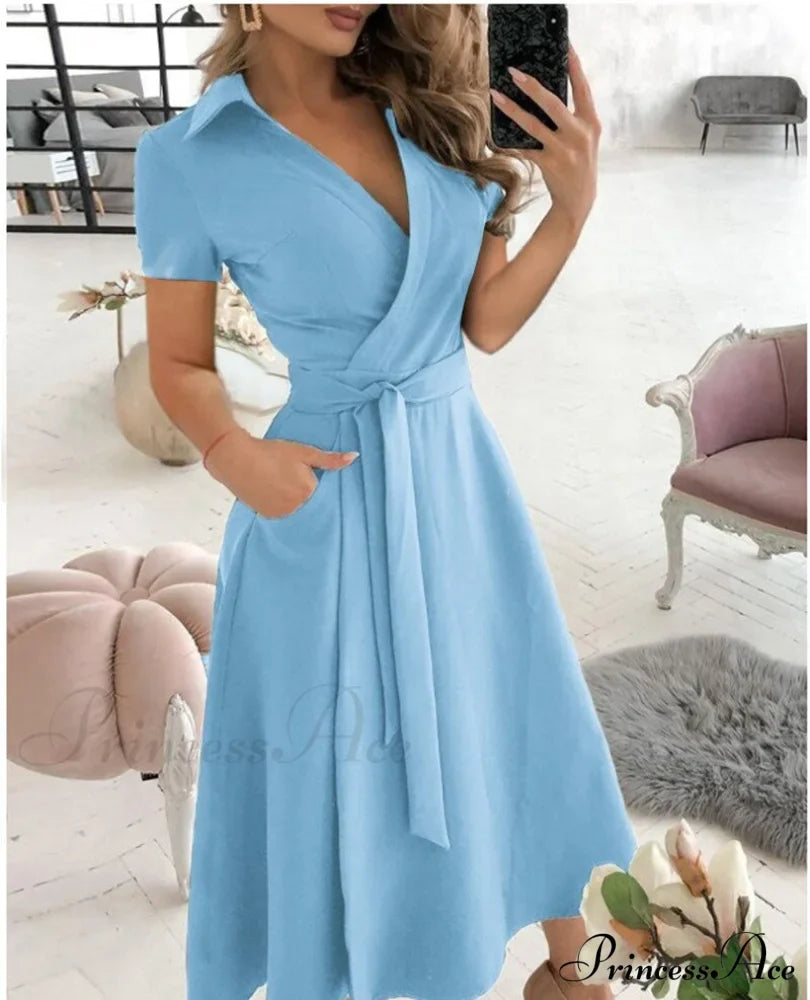 Warm-Season Retro Short-Sleeved V-Neck Gown Party Spring Patterned Belt