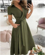 Warm-Season Retro Short-Sleeved V-Neck Gown Party Spring Patterned Belt