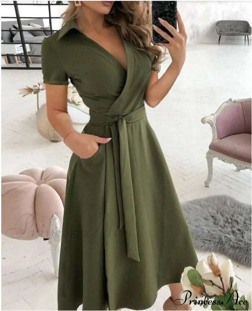 Warm-Season Retro Short-Sleeved V-Neck Gown Party Spring Patterned Belt
