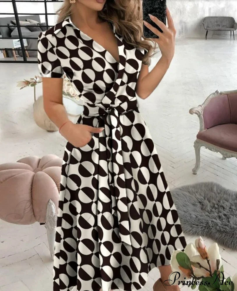 Warm-Season Retro Short-Sleeved V-Neck Gown Party Spring Patterned Belt