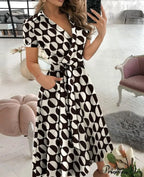 Warm-Season Retro Short-Sleeved V-Neck Gown Party Spring Patterned Belt