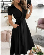 Warm-Season Retro Short-Sleeved V-Neck Gown Party Spring Patterned Belt
