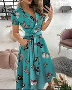 Warm-Season Retro Short-Sleeved V-Neck Gown Party Spring Patterned Belt