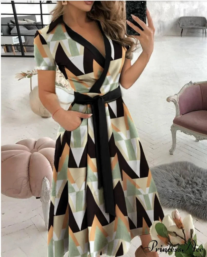 Warm-Season Retro Short-Sleeved V-Neck Gown Party Spring Patterned Belt