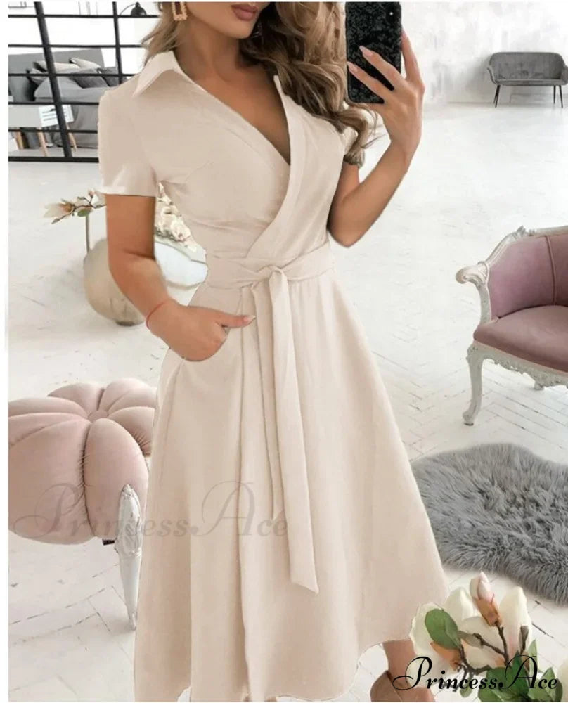 Warm-Season Retro Short-Sleeved V-Neck Gown Party Spring Patterned Belt