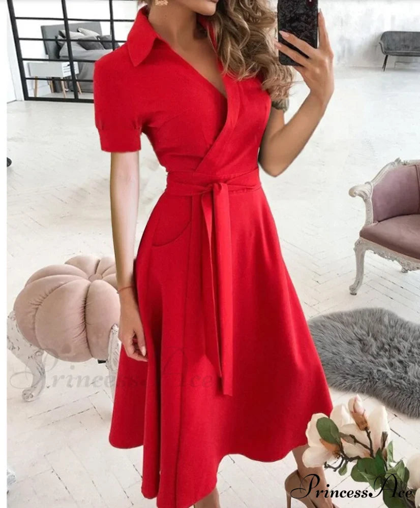 Warm-Season Retro Short-Sleeved V-Neck Gown Party Spring Patterned Belt