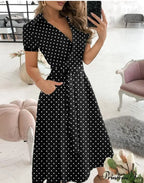 Warm-Season Retro Short-Sleeved V-Neck Gown Party Spring Patterned Belt