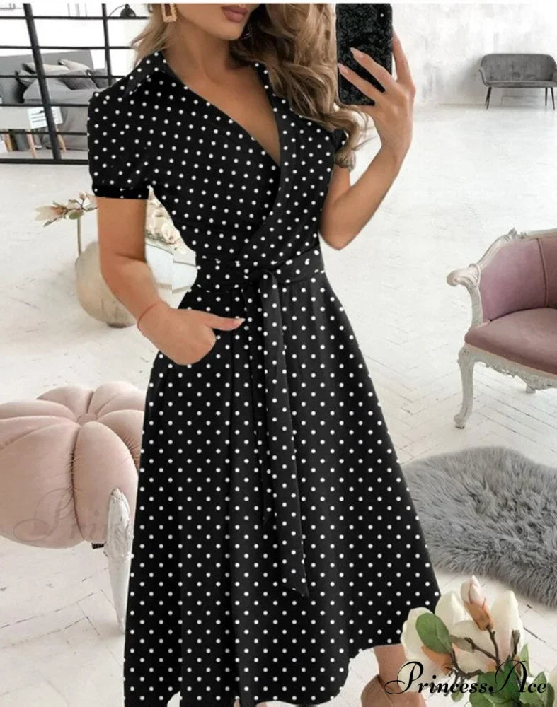 Warm-Season Retro Short-Sleeved V-Neck Gown Party Spring Patterned Belt