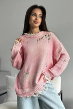 Washed Crew Neck Distressed Mid-Length Sweater