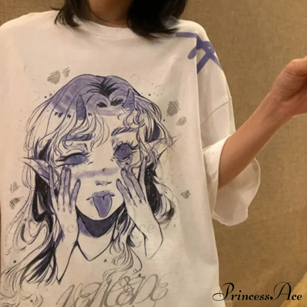 White Cartoon Kawaii Tops Tee