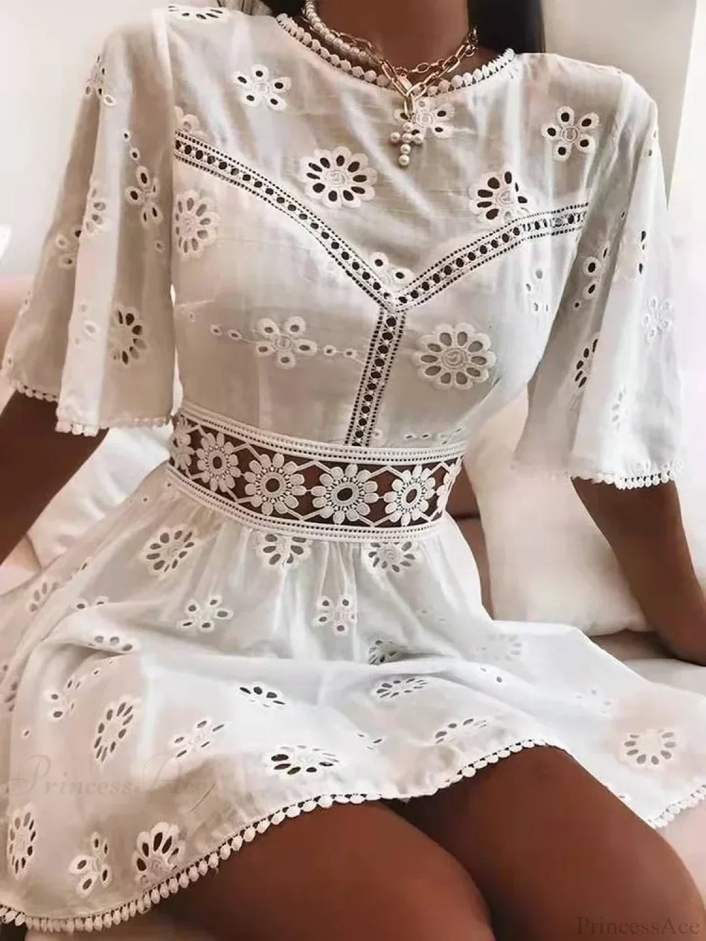 White Cotton Half Sleeve Backless Hollow Out Mini Boho Dress