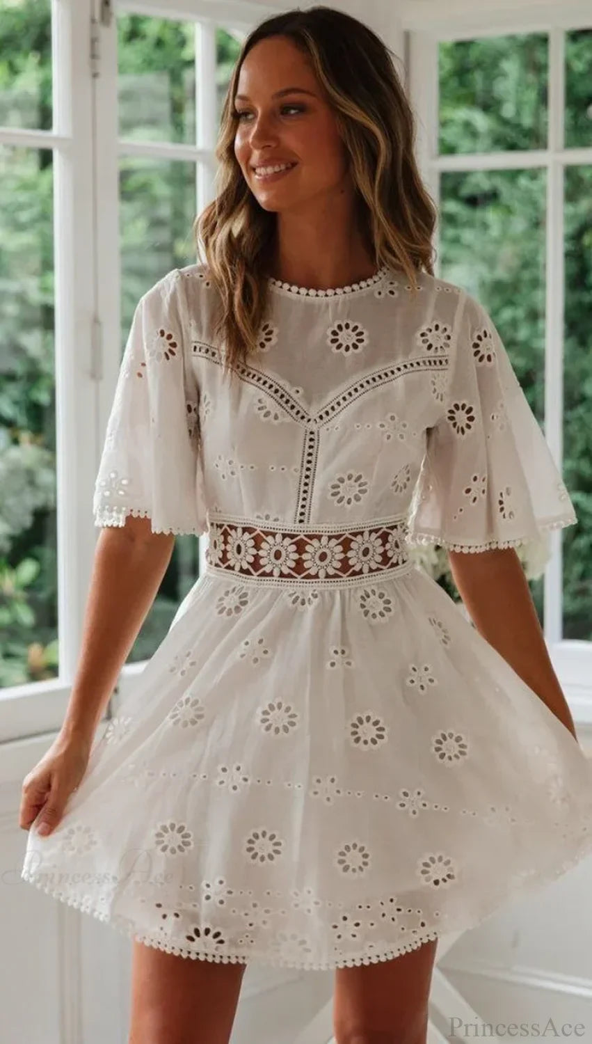 White Cotton Half Sleeve Backless Hollow Out Mini Boho Dress