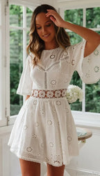 White Cotton Half Sleeve Backless Hollow Out Mini Boho Dress
