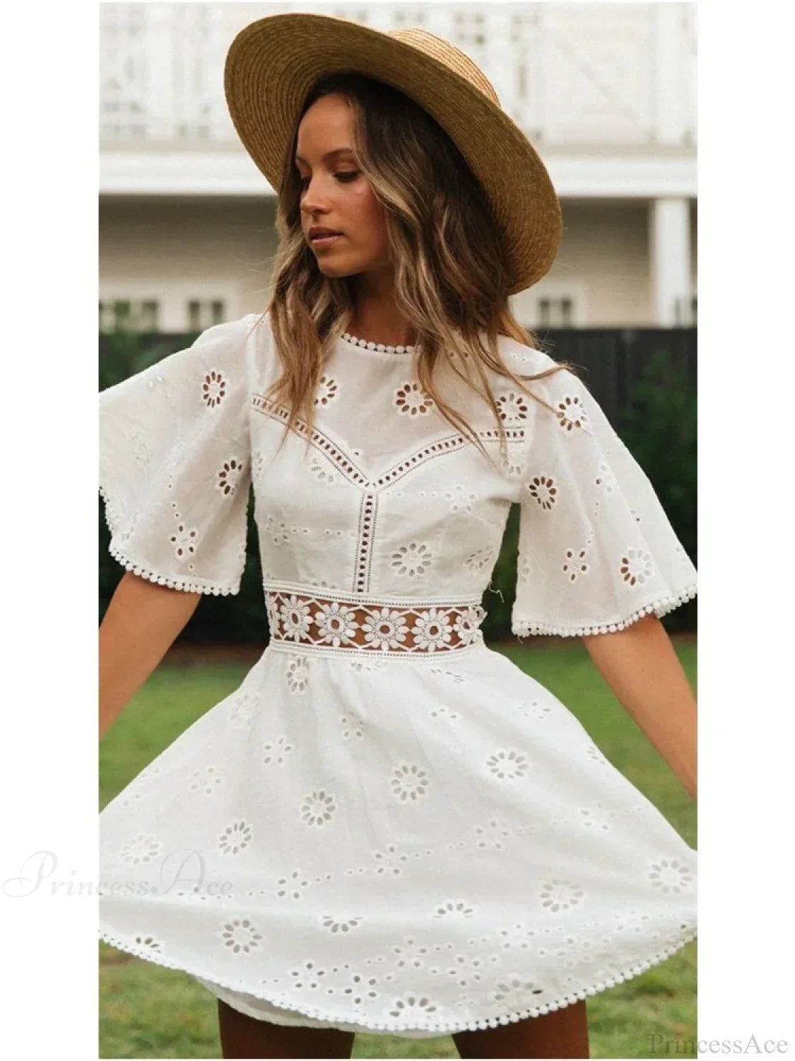 White Cotton Half Sleeve Backless Hollow Out Mini Boho Dress