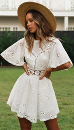 White Cotton Half Sleeve Backless Hollow Out Mini Boho Dress