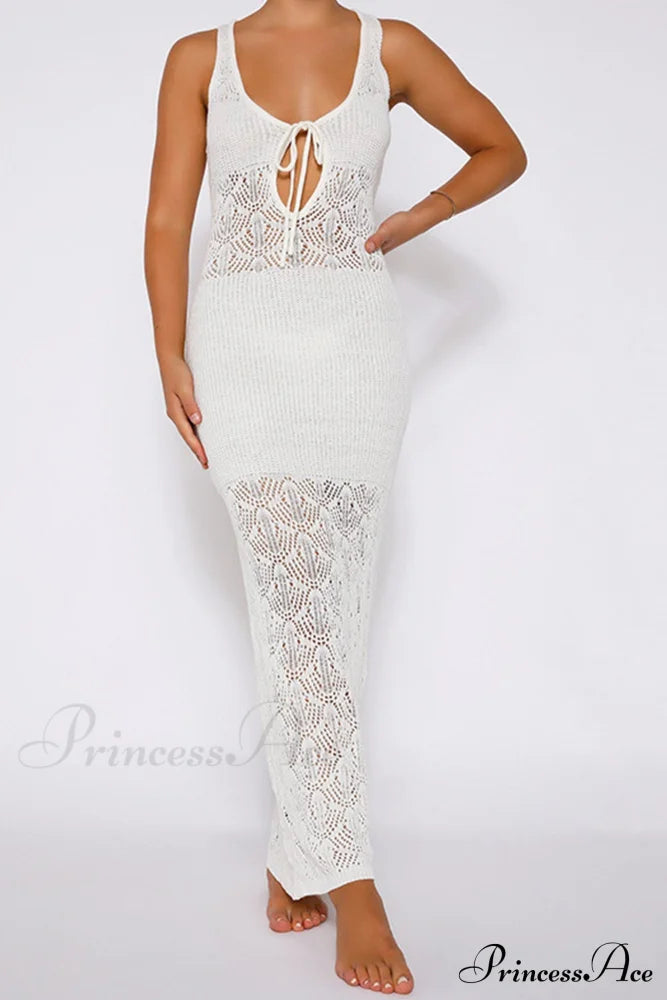 White Crochet Hollow Out Tank Dress With Tie-Back