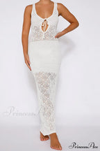 White Crochet Hollow Out Tank Dress With Tie-Back