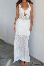 White Crochet Hollow Out Tank Dress With Tie-Back