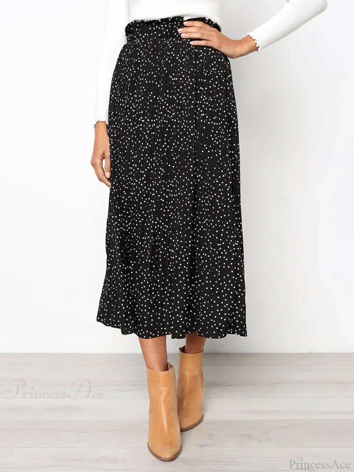 White Dots Floral Print Pleated Midi Skirt With Pockets