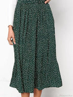 White Dots Floral Print Pleated Midi Skirt With Pockets