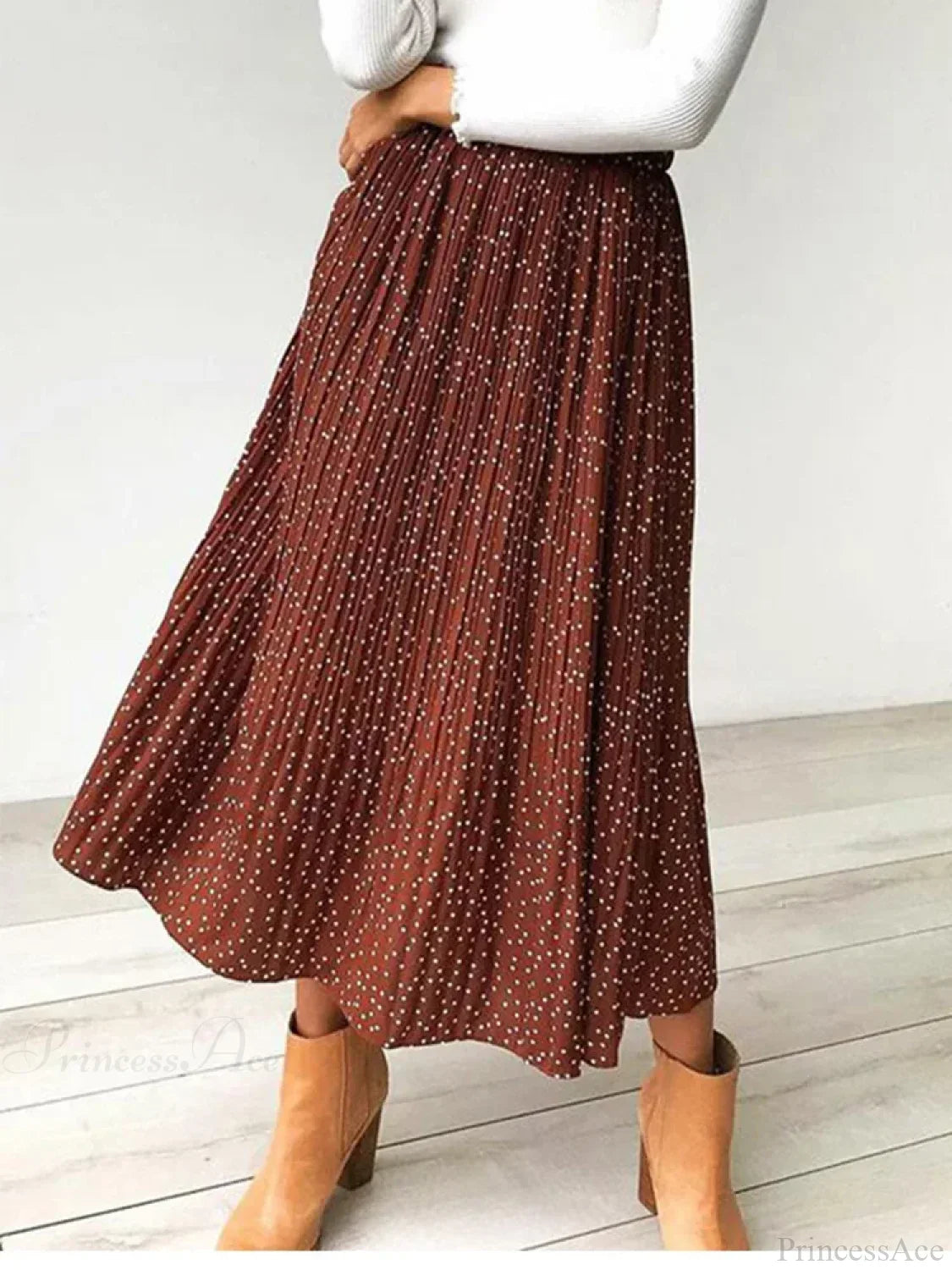 White Dots Floral Print Pleated Midi Skirt With Pockets