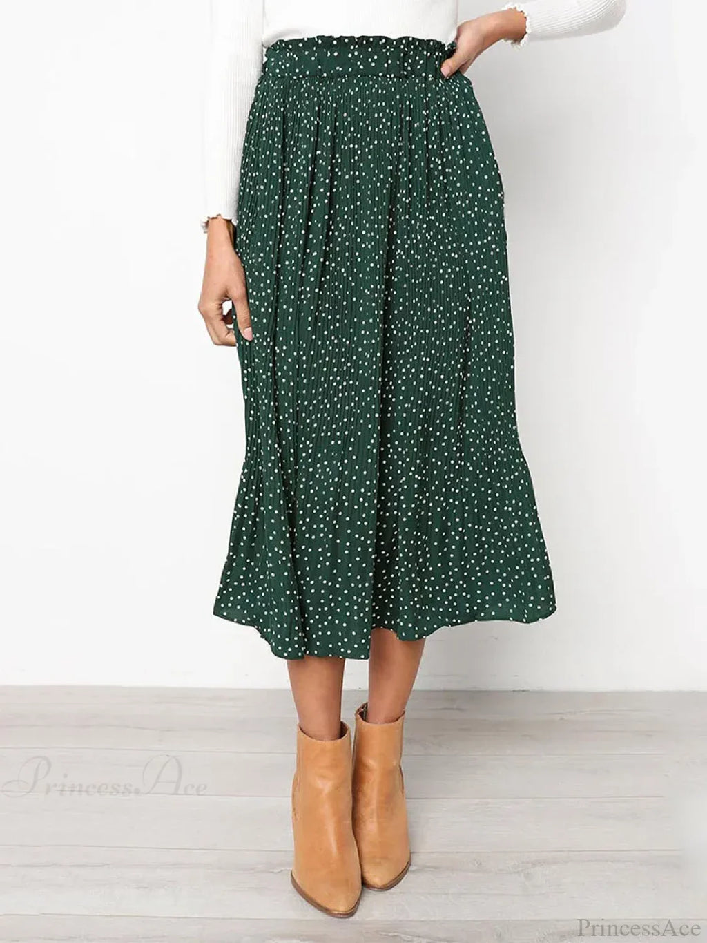 White Dots Floral Print Pleated Midi Skirt With Pockets