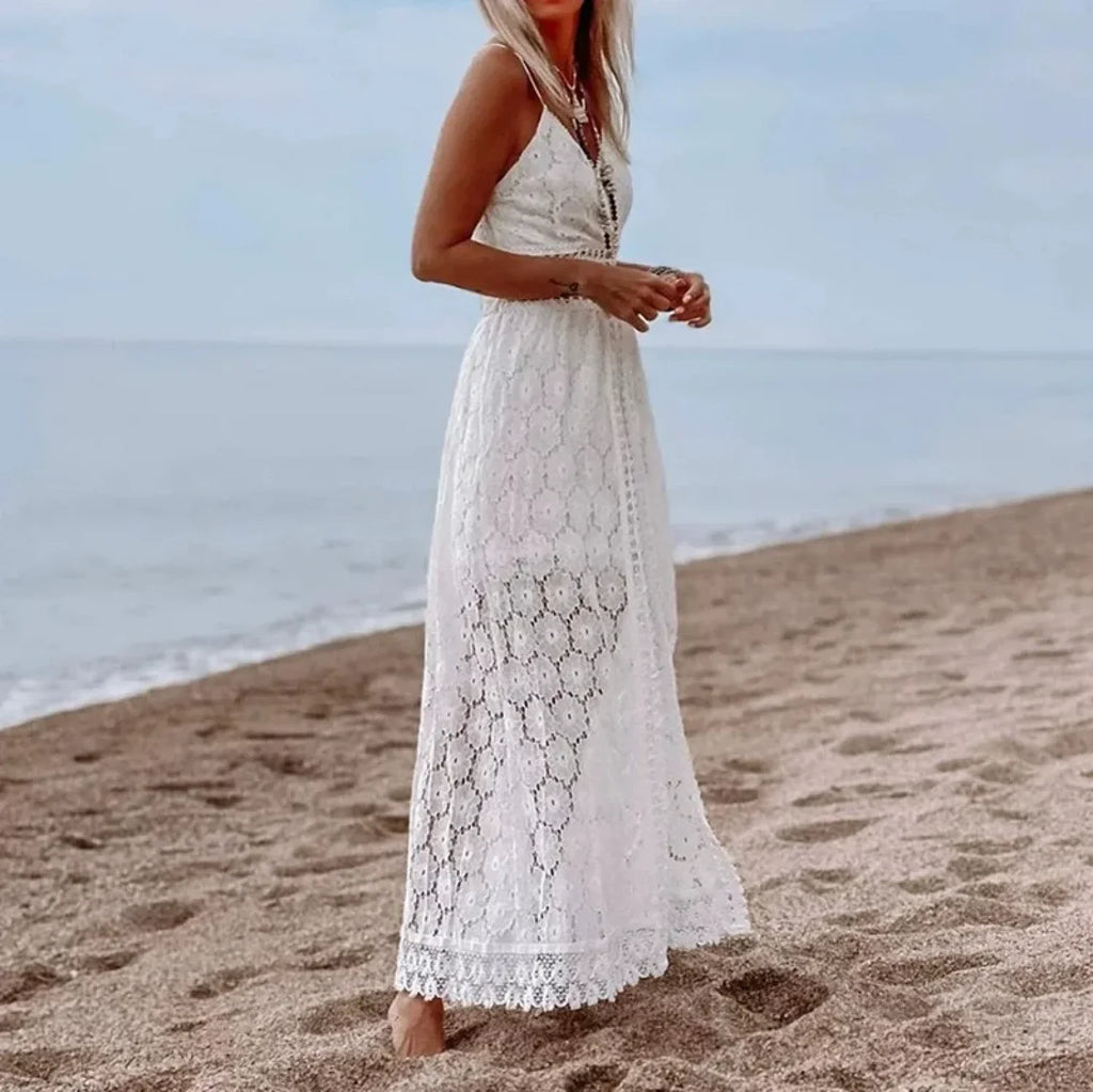 White Hollow Out Lace Strapless Split Midi Boho Dress