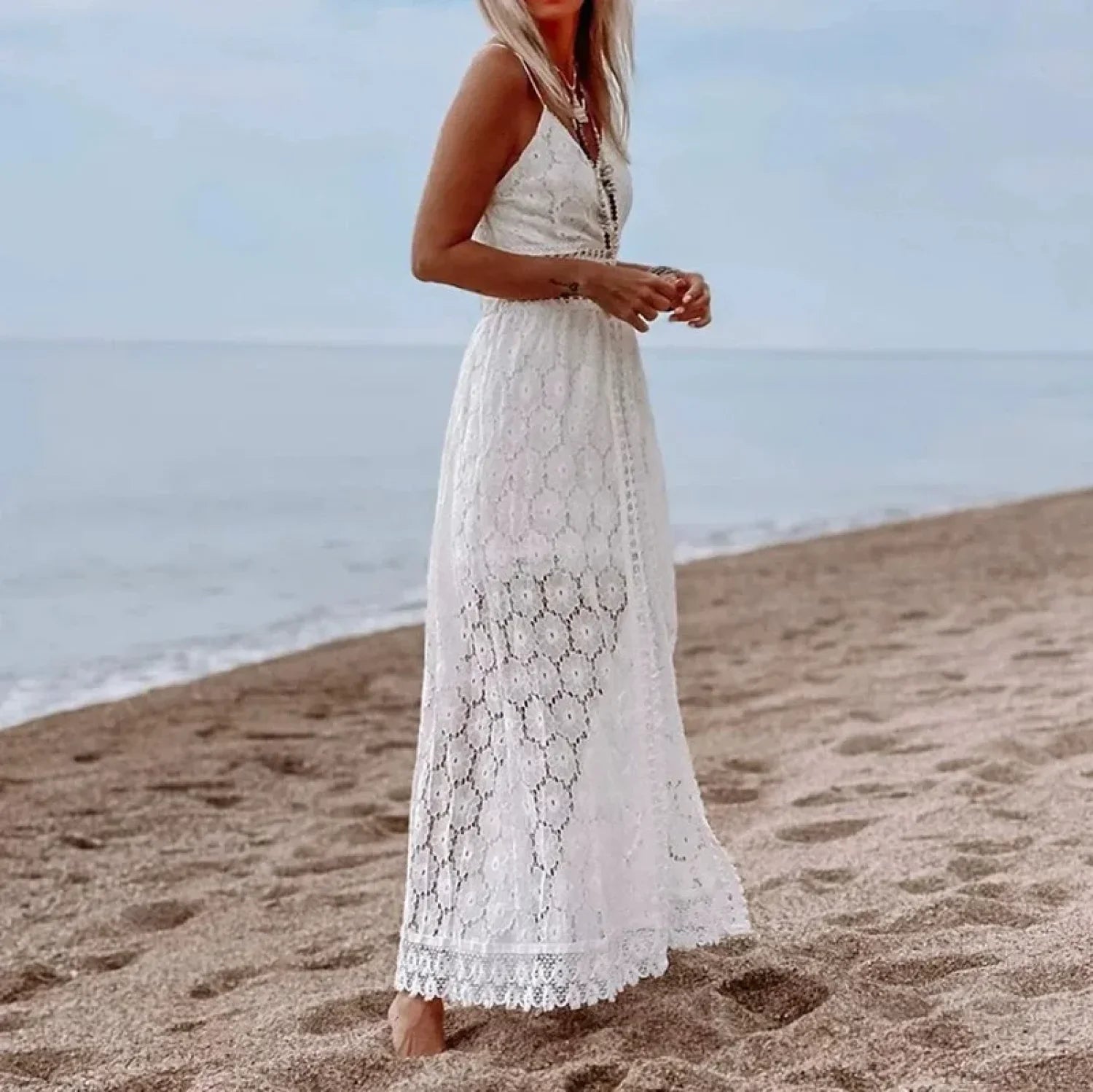 White Hollow Out Lace Strapless Split Midi Boho Dress