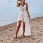 White Hollow Out Lace Strapless Split Midi Boho Dress