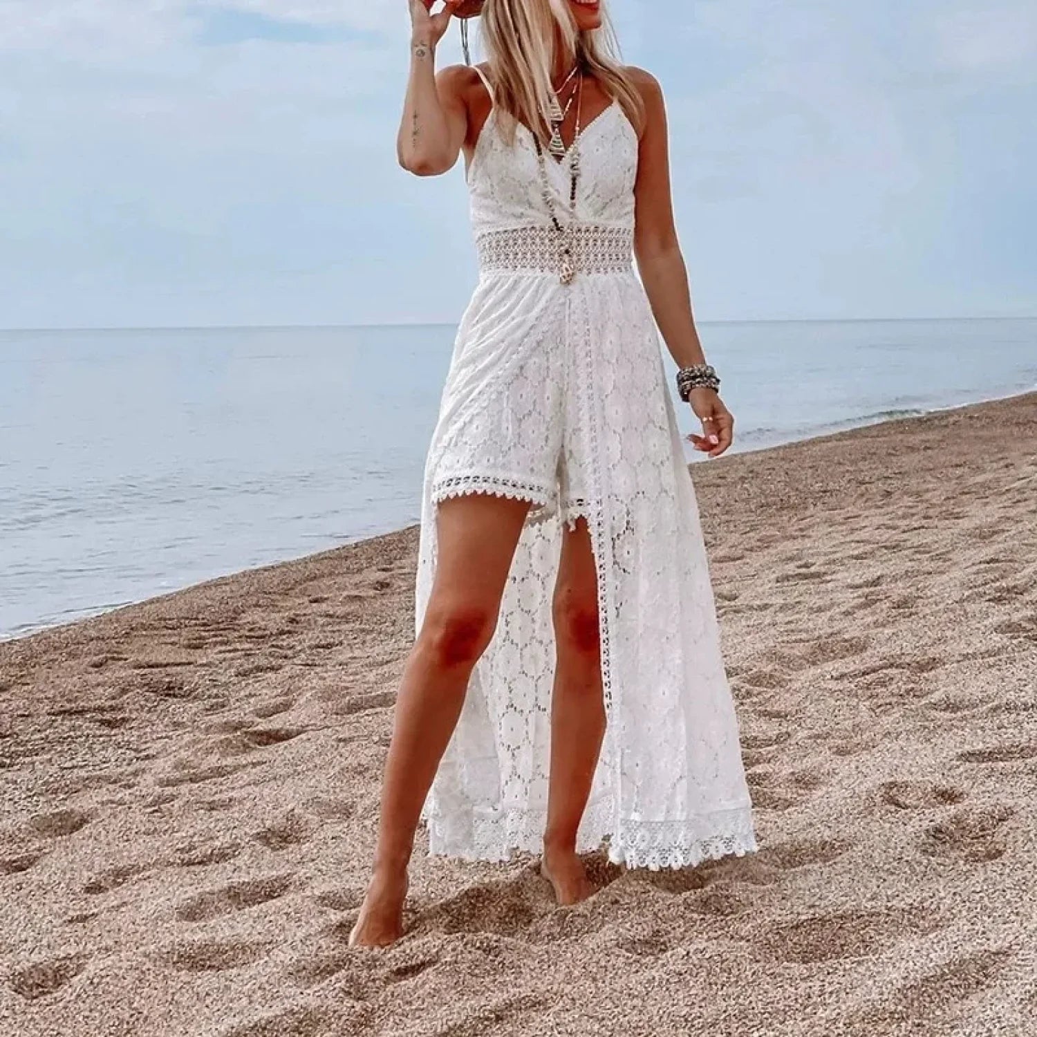 White Hollow Out Lace Strapless Split Midi Boho Dress